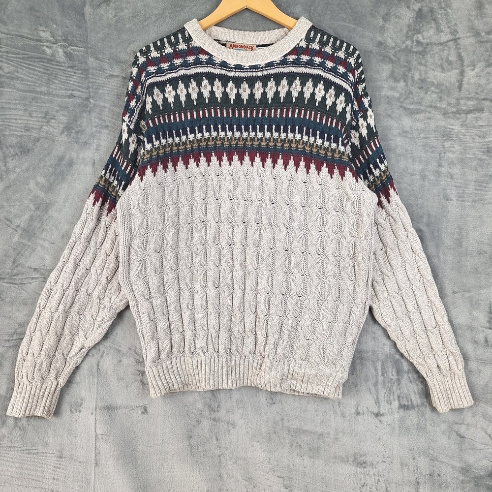 Adirondack Sweater Vintage 90s Large Fair Isle Cable Knit Grandpa Dad‎ Cabincore